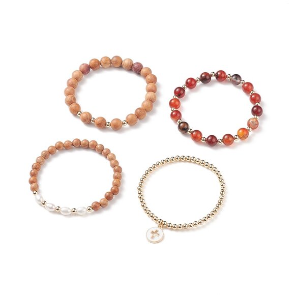 NWOT 4pc stacking set Natural Pearl, Agate and Wood Beaded Stretch Bracelets - Picture 3 of 8